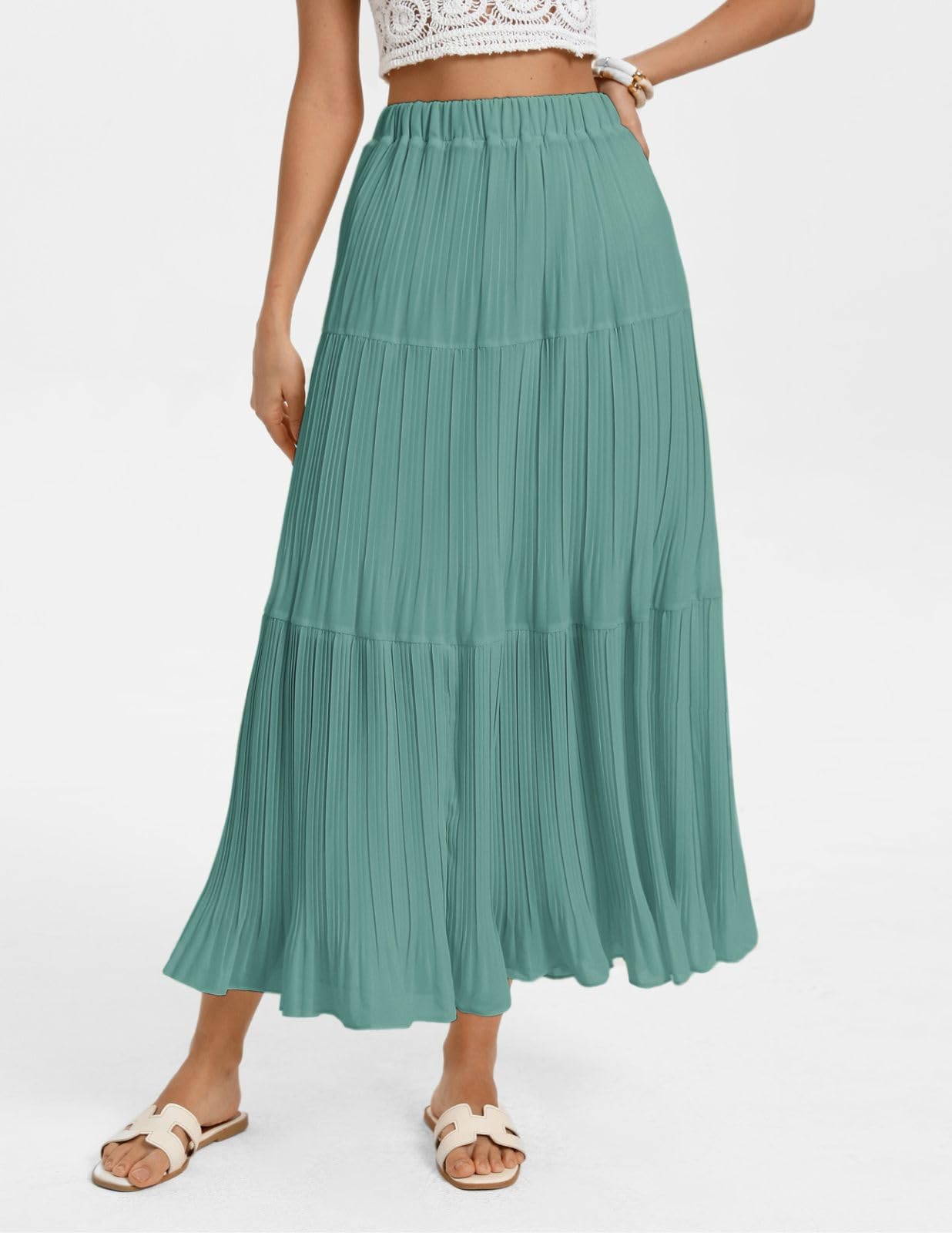 Kate Kasin 2026 Women's Chiffon Maxi Skirt, High Waist Pleated Skirts, Summer Flowy Long Skirts with Underskirt