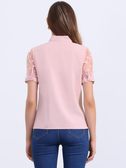 Allegra K Women's Bow Tie Neck V Neck Stand Collar Short Mesh Sleeve Blouse