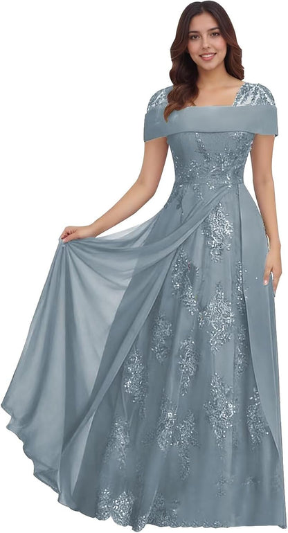 Lace Sequin Applique Mother of The Bride Dresses for Wedding Cap Sleeve A Line Long Wedding Guest Dresses for Women