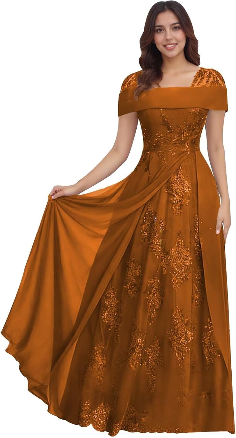 Lace Sequin Applique Mother of The Bride Dresses for Wedding Cap Sleeve A Line Long Wedding Guest Dresses for Women
