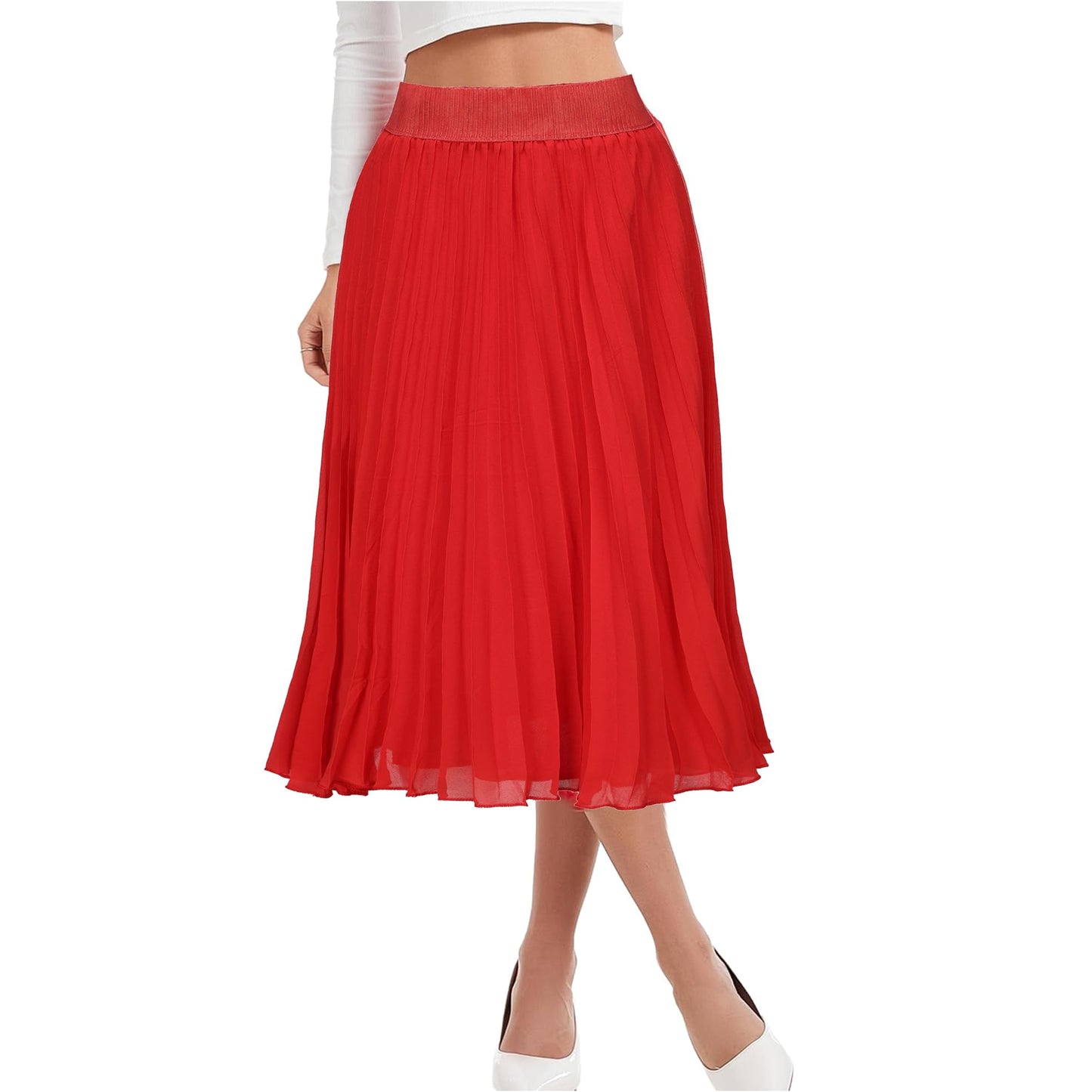 Womens Chiffon High Waist Skirt Pleated A-Line Swing Elastic Shirring Midi Length