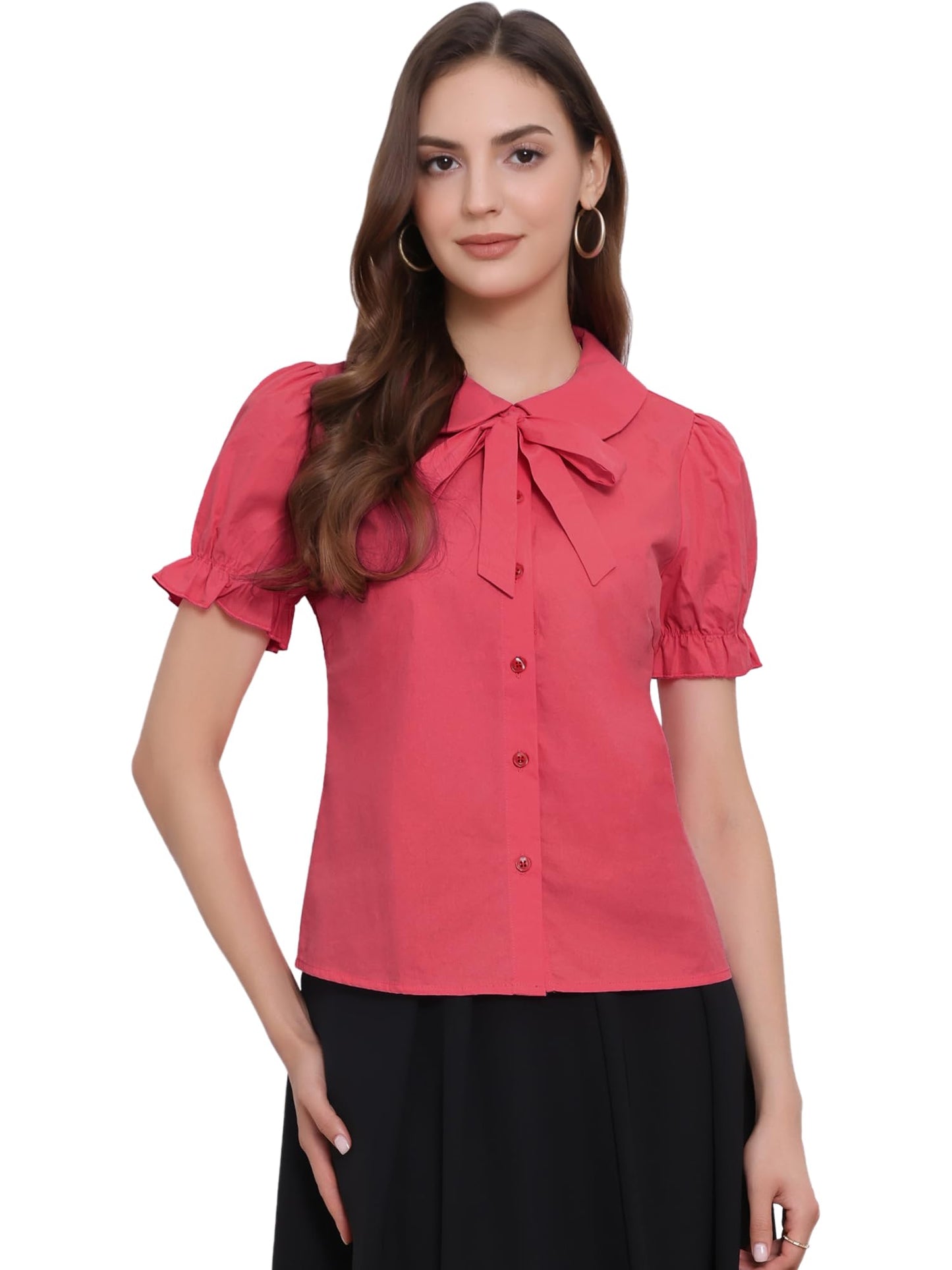 Allegra K Women's Vintage Peter Pan Collar Tie Neck Casual Cute Cotton Button-Up Shirt