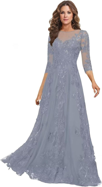 Lace Mother of the Bride Dress Long for Wedding Party Guest 3/4 Sleeves Formal Evening Gown JH028