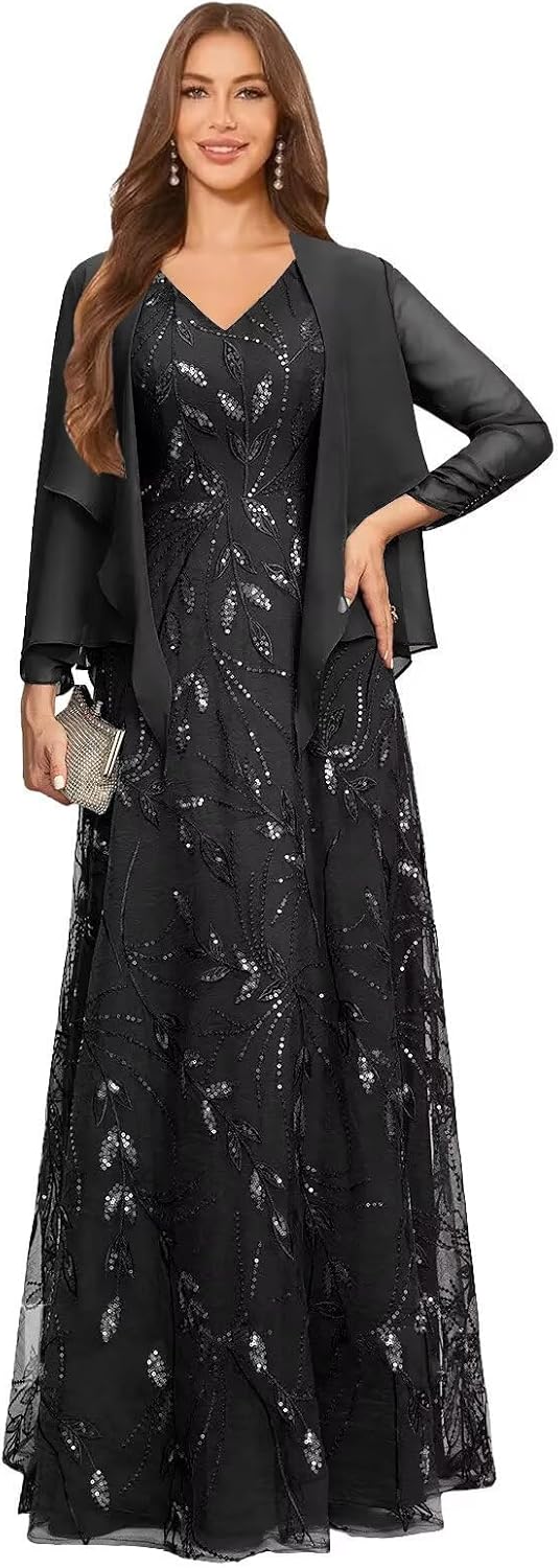 2 Piece Sequin Lace Mother of The Bride Dresses for Women with Jacket V Neck Long Formal Dresses Evening Gown