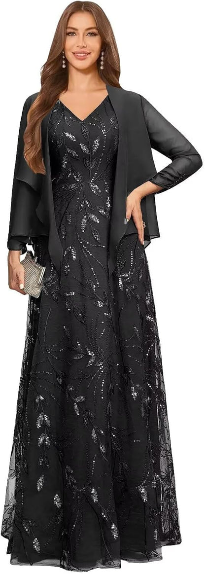 2 Piece Sequin Lace Mother of The Bride Dresses for Women with Jacket V Neck Long Formal Dresses Evening Gown
