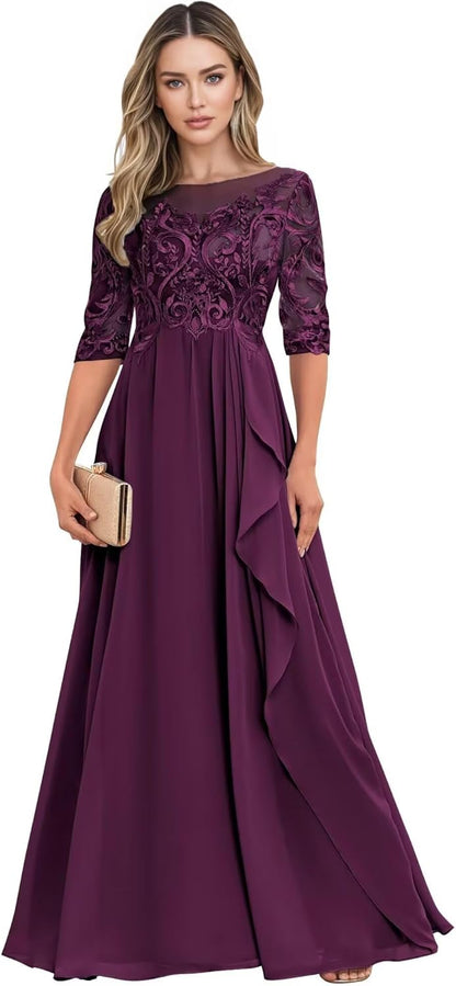 Long Mother of The Bride Dresses for Wedding Guest Half Sleeves Ruffle A Line Evening Party Gown HX012
