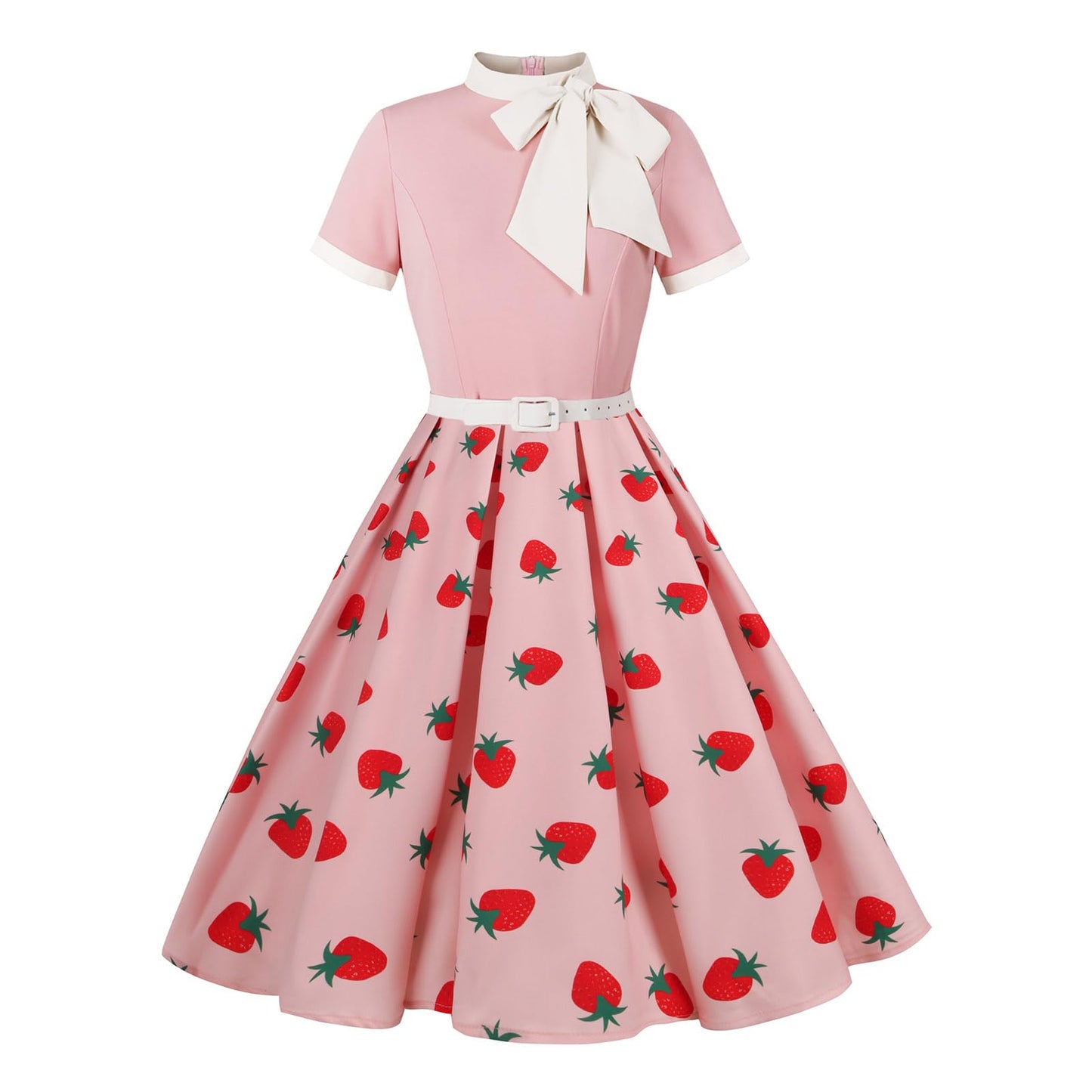 50s Style Dresses for Women Vintage Short Sleeve Tie Neck Swing Dress Midi Prom Dress with Belt