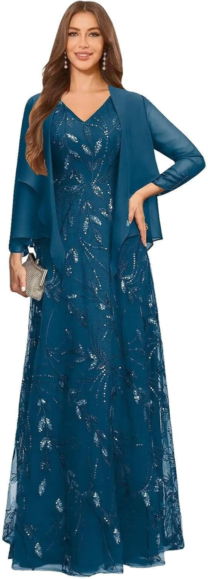 2 Piece Sequin Lace Mother of The Bride Dresses for Women with Jacket V Neck Long Formal Dresses Evening Gown