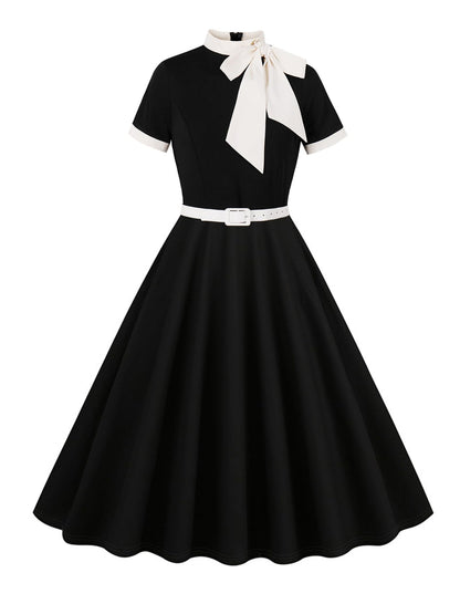 50s Style Dresses for Women Vintage Short Sleeve Tie Neck Swing Dress Midi Prom Dress with Belt