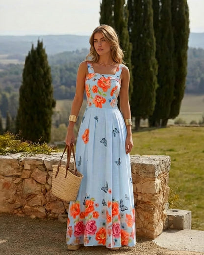 CHICME Women’s Floral Butterfly Print Linen Maxi Dress Quare Neck Strap Shirred Bodice Flowy Boho Summer Beach Dress