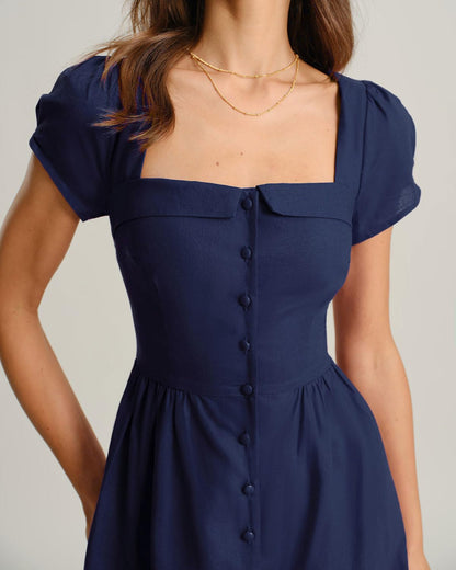 RIHOAS Elegant Casual Dresses for Women Short Sleeve Puff Square Neck A-Line Midi Dress