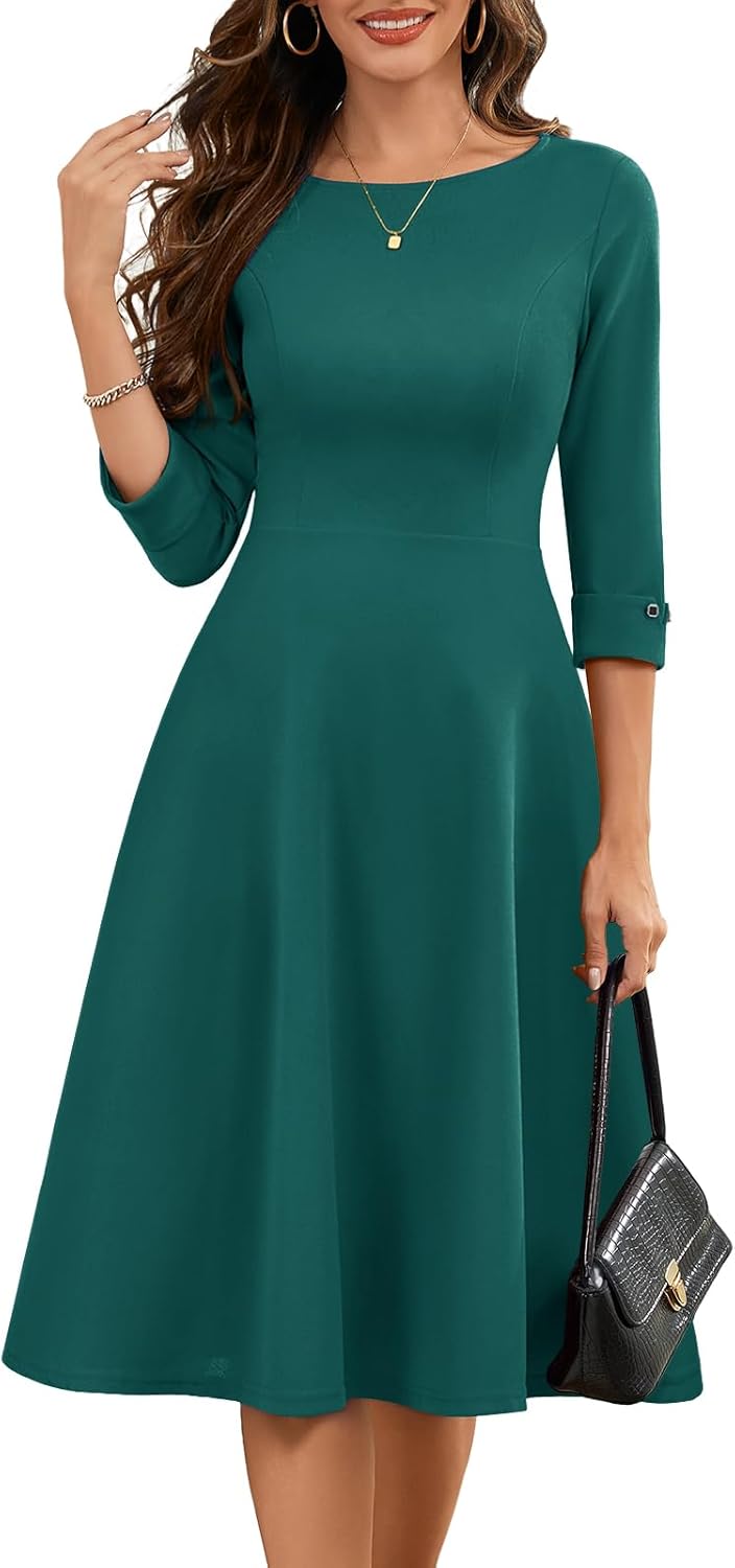 HomRain Women's Fit and Flare Midi Dress-3/4 Sleeve Modest Church Dress Classy Causal Work Dresses with Pockets
