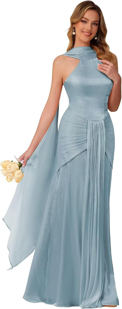 Halter Bridesmaid Dresses Long with Scarf Shimmer Chiffon Formal Dress Pleated Mermaid Evening Gowns for Women