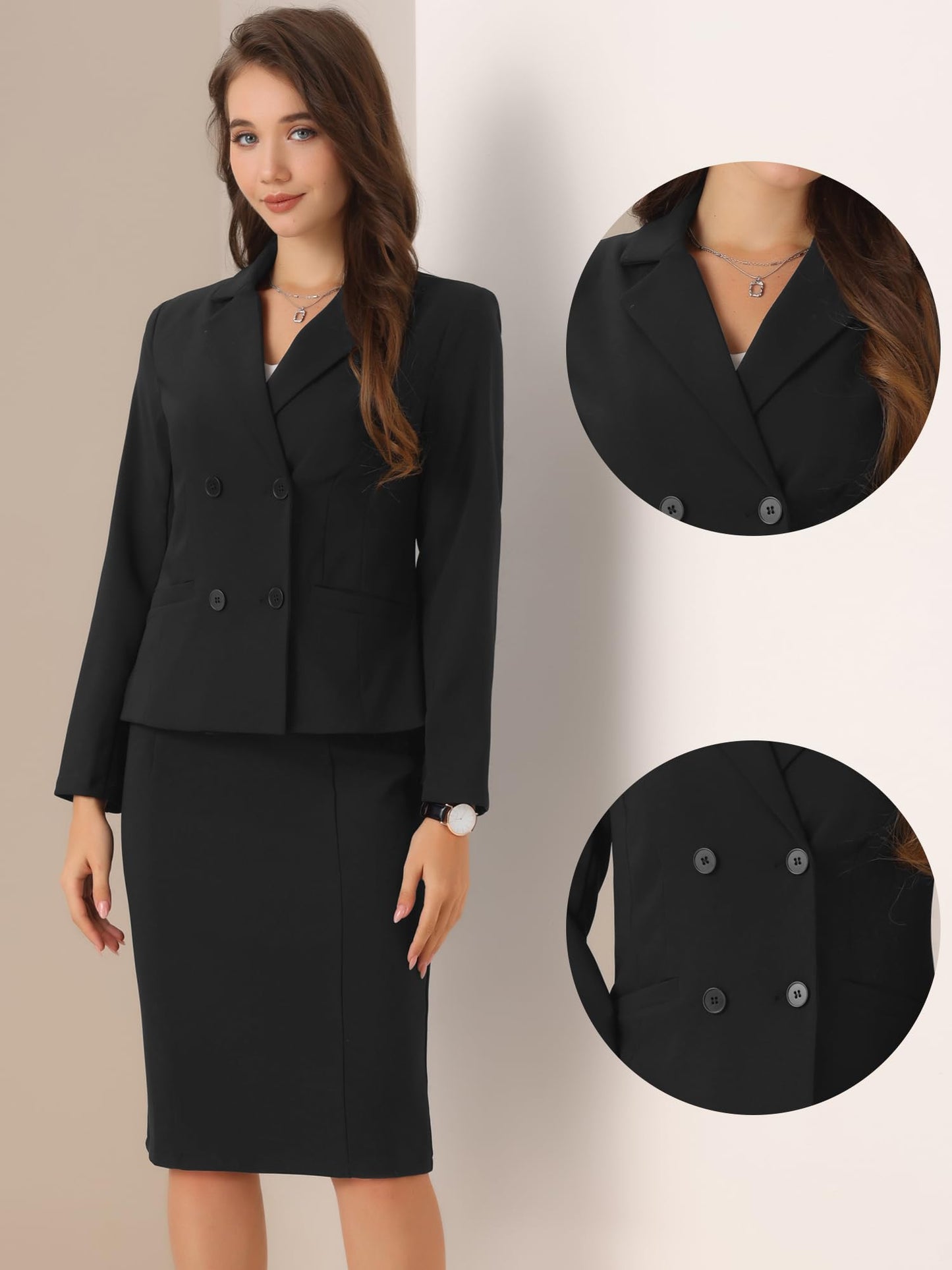 Allegra K Business Skirt Suit Set for Womens 2 Piece Long Sleeve Work Blazer Jacket Outfits Pencil Skirts Set