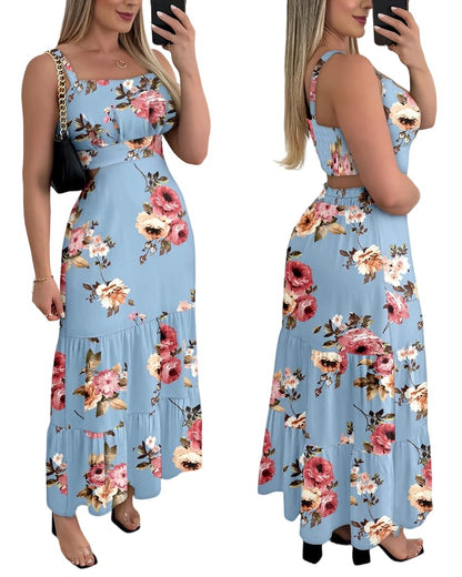 CHICME Summer Dresses for Women 2026 Sleeveless Casual Boho Maxi Dress Square Neck Cut Out Floral A Line Dress