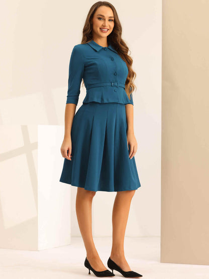 Allegra K Business Skirt Suit Sets for Women's 2 Piece Outfits Office 3/4 Sleeve Blazer Jacket Pleated Skirts