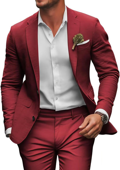 Retro Linen Mens Suit 2 Pieces Slim Fit Light Weight Beach Summer Wedding Tuxedo Set Jacket Blazer Pants for Men