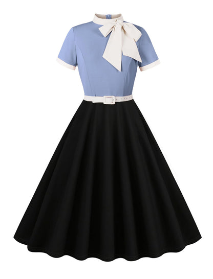 50s Style Dresses for Women Vintage Short Sleeve Tie Neck Swing Dress Midi Prom Dress with Belt