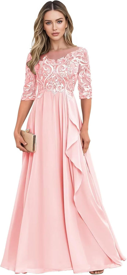 Long Mother of The Bride Dresses for Wedding Guest Half Sleeves Ruffle A Line Evening Party Gown HX012