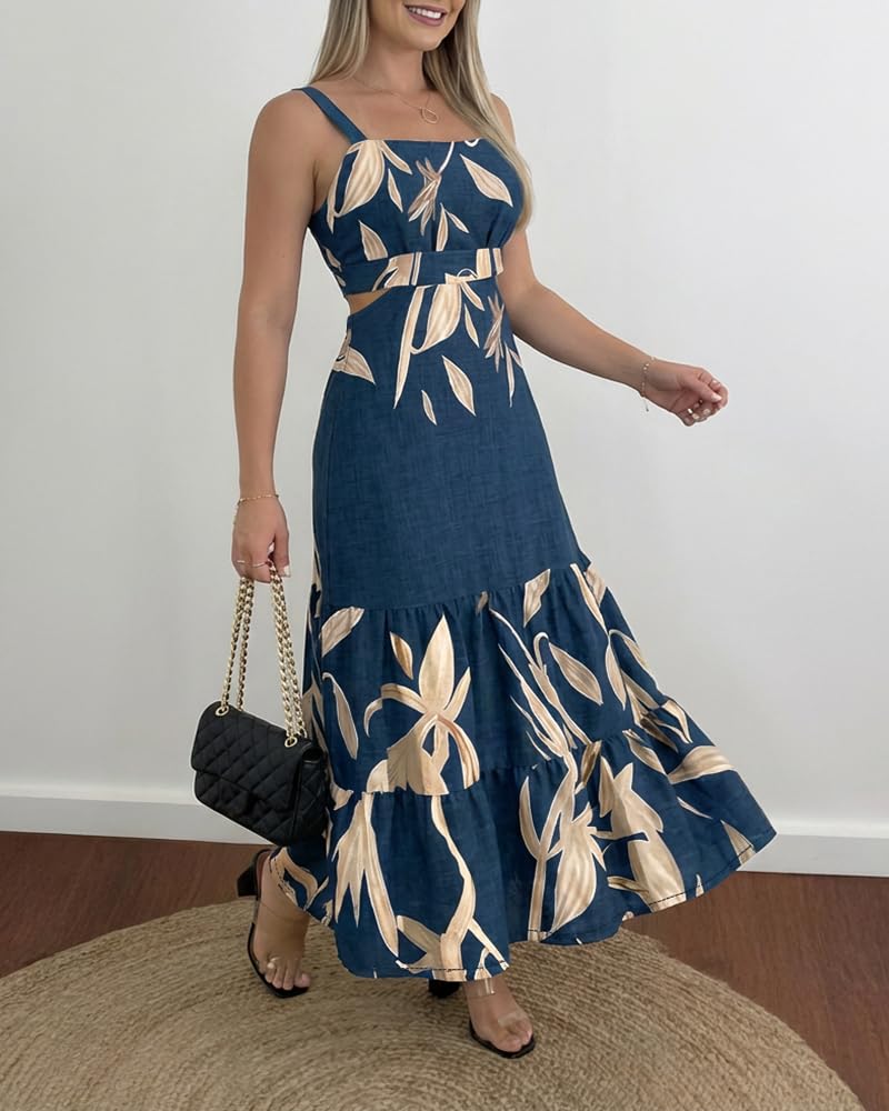 CHICME Summer Dresses for Women 2026 Sleeveless Casual Boho Maxi Dress Square Neck Cut Out Floral A Line Dress