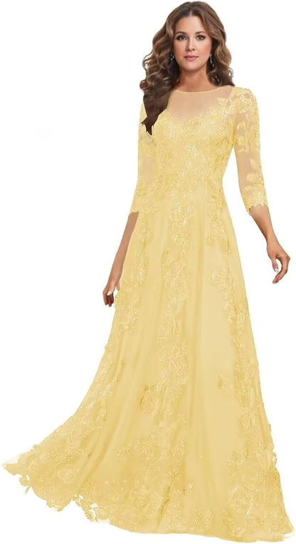 Lace Mother of the Bride Dress Long for Wedding Party Guest 3/4 Sleeves Formal Evening Gown JH028