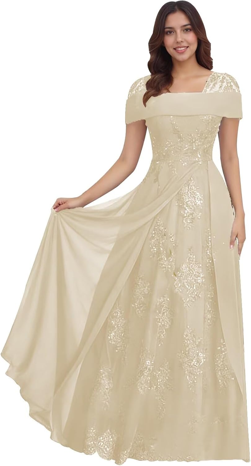 Lace Sequin Applique Mother of The Bride Dresses for Wedding Cap Sleeve A Line Long Wedding Guest Dresses for Women