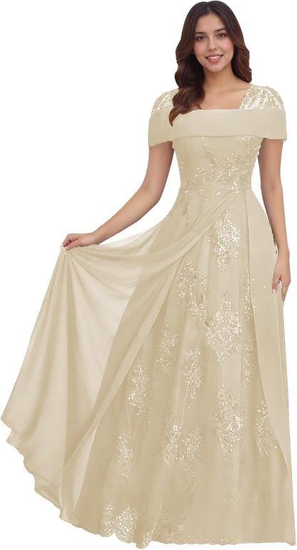 Lace Sequin Applique Mother of The Bride Dresses for Wedding Cap Sleeve A Line Long Wedding Guest Dresses for Women