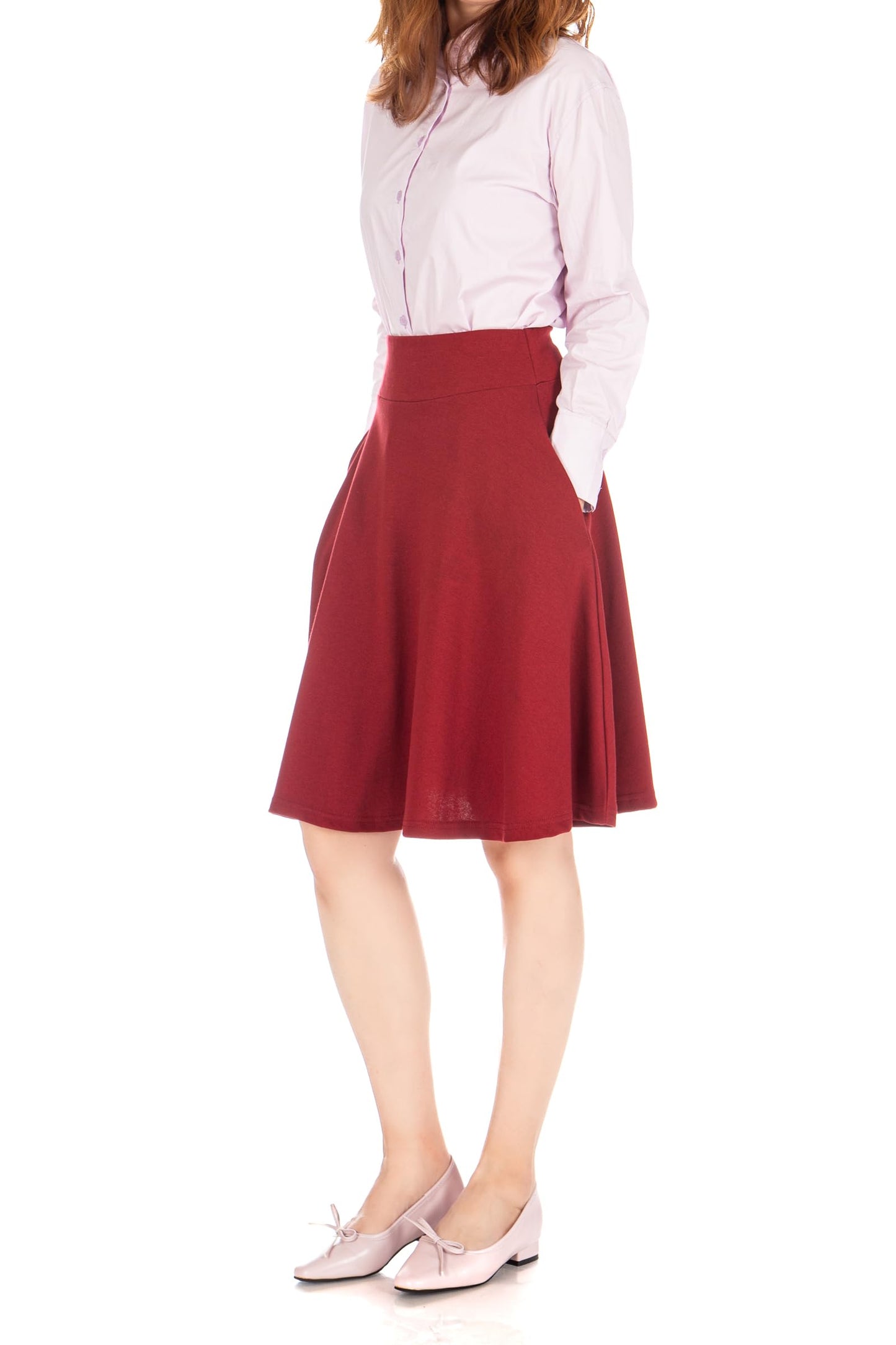 Dani's Choice High-Waisted Cotton Blend Skirt with Pockets - Knee Length A-line Flare for Business and Casual Wear