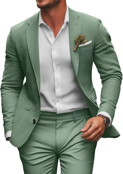 Retro Linen Mens Suit 2 Pieces Slim Fit Light Weight Beach Summer Wedding Tuxedo Set Jacket Blazer Pants for Men