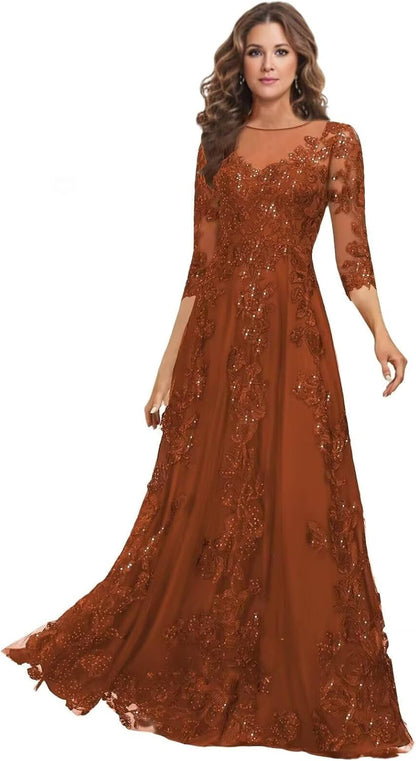 Lace Mother of the Bride Dress Long for Wedding Party Guest 3/4 Sleeves Formal Evening Gown JH028