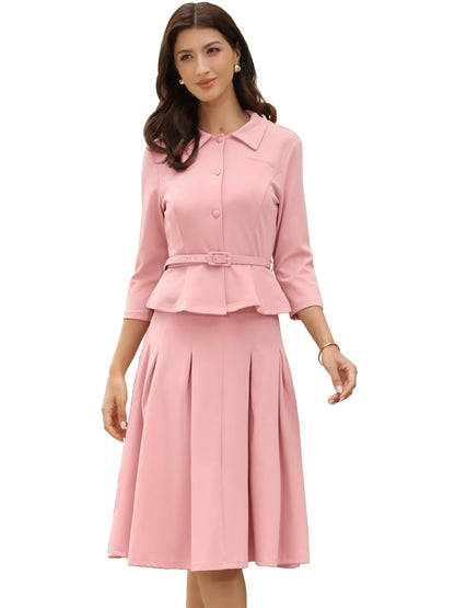 Allegra K Business Skirt Suit Sets for Women's 2 Piece Outfits Office 3/4 Sleeve Blazer Jacket Pleated Skirts