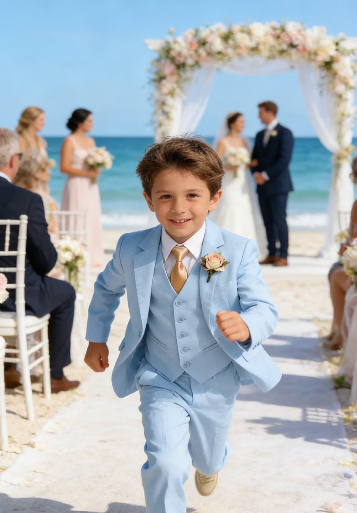 Boys Linen Suit Formal 3 Piece Toddler Tuxedo for Summer Beach Wedding Outfit Slim Fit Kids Suits Jacket Vest Pants