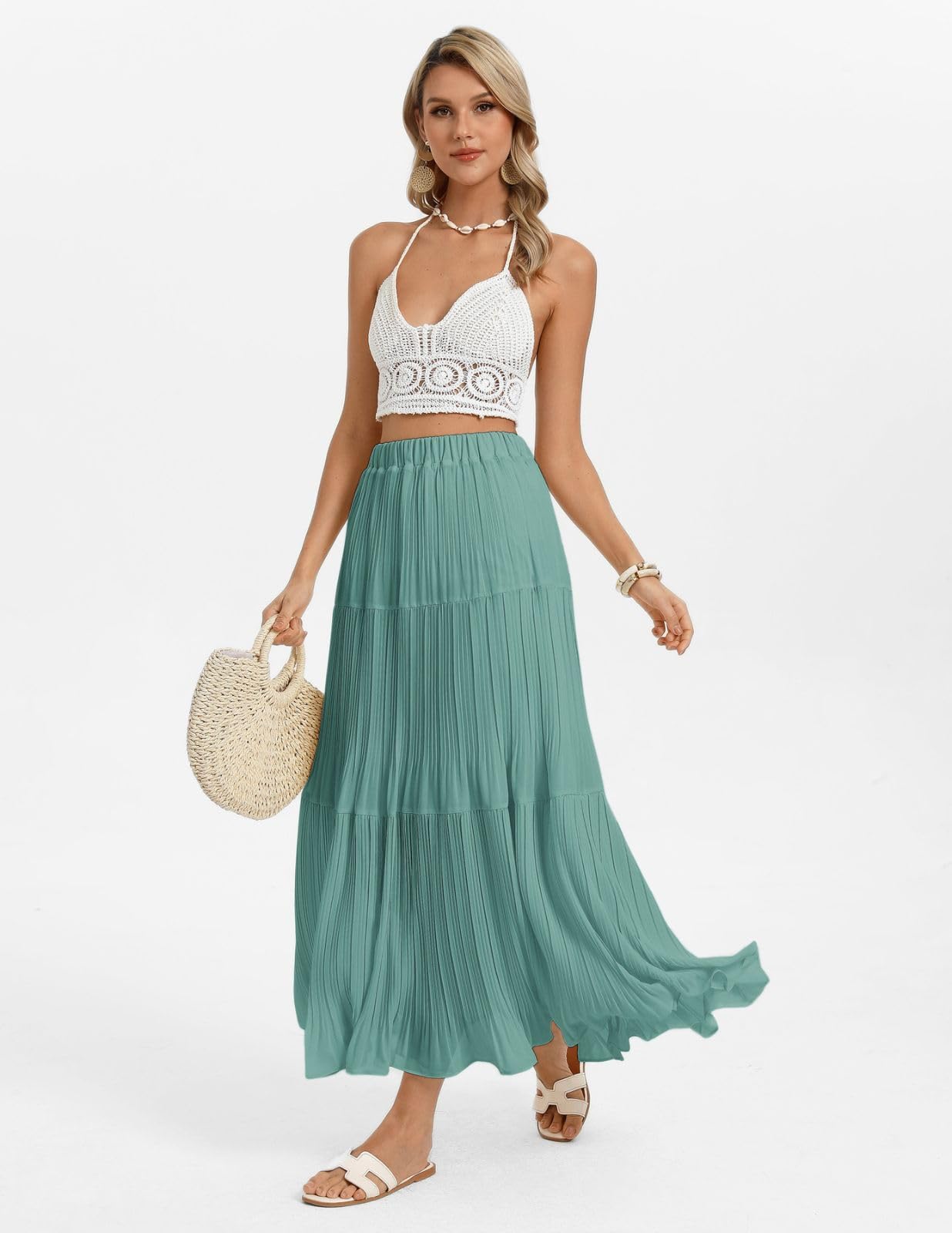 Kate Kasin 2026 Women's Chiffon Maxi Skirt, High Waist Pleated Skirts, Summer Flowy Long Skirts with Underskirt