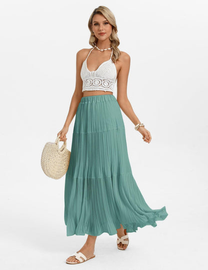 Kate Kasin 2026 Women's Chiffon Maxi Skirt, High Waist Pleated Skirts, Summer Flowy Long Skirts with Underskirt