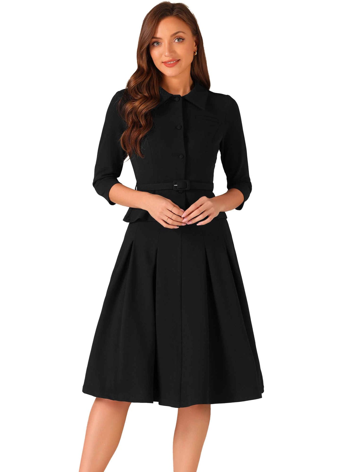 Allegra K Business Skirt Suit Sets for Women's 2 Piece Outfits Office 3/4 Sleeve Blazer Jacket Pleated Skirts