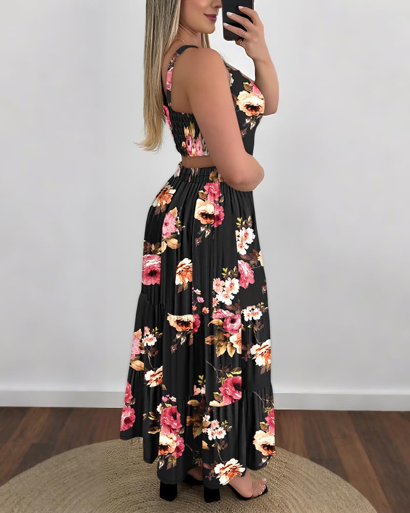 CHICME Summer Dresses for Women 2026 Sleeveless Casual Boho Maxi Dress Square Neck Cut Out Floral A Line Dress