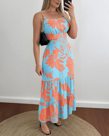 CHICME Summer Dresses for Women 2026 Sleeveless Casual Boho Maxi Dress Square Neck Cut Out Floral A Line Dress
