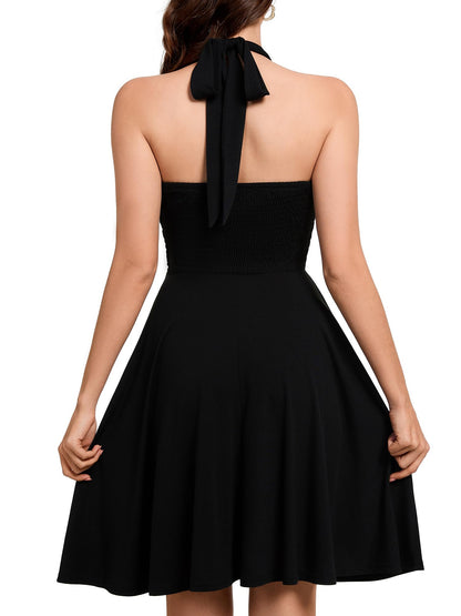 Women's Sexy Sundress Halter V Neck Tie Back Sleeveless Ruffle Mini Short Summer Beach Dresses