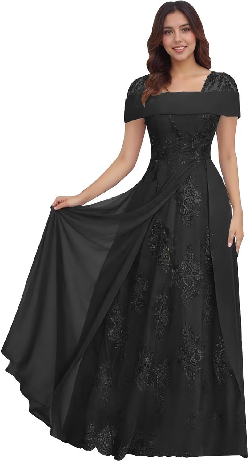 Lace Sequin Applique Mother of The Bride Dresses for Wedding Cap Sleeve A Line Long Wedding Guest Dresses for Women