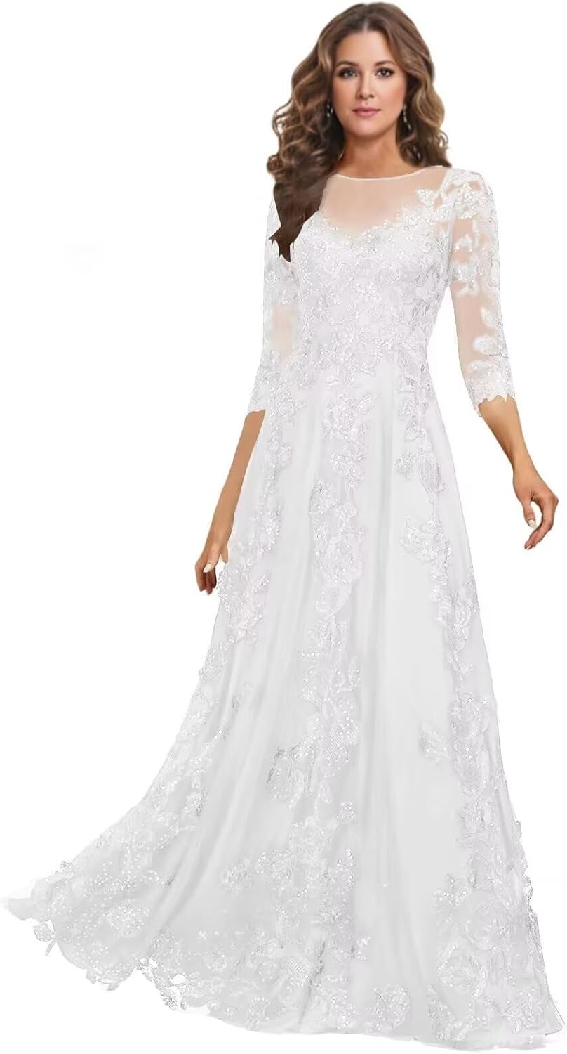 Lace Mother of the Bride Dress Long for Wedding Party Guest 3/4 Sleeves Formal Evening Gown JH028