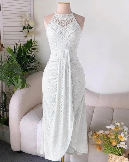 CHICME Womens Summer Halter Dress Hollow Out A Line Vacation Dresses with Eyelet Embroidery & Side Slit