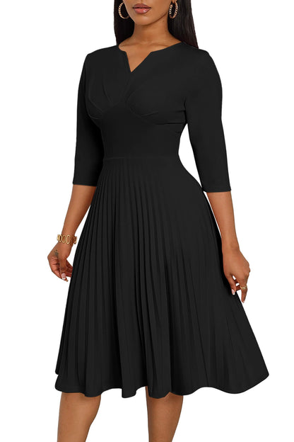 CLOCOR Midi Dresses for Women, 3/4 Sleeve A Line Pleated Casual Dress V Neck Church Cocktail Wedding Guest Dress