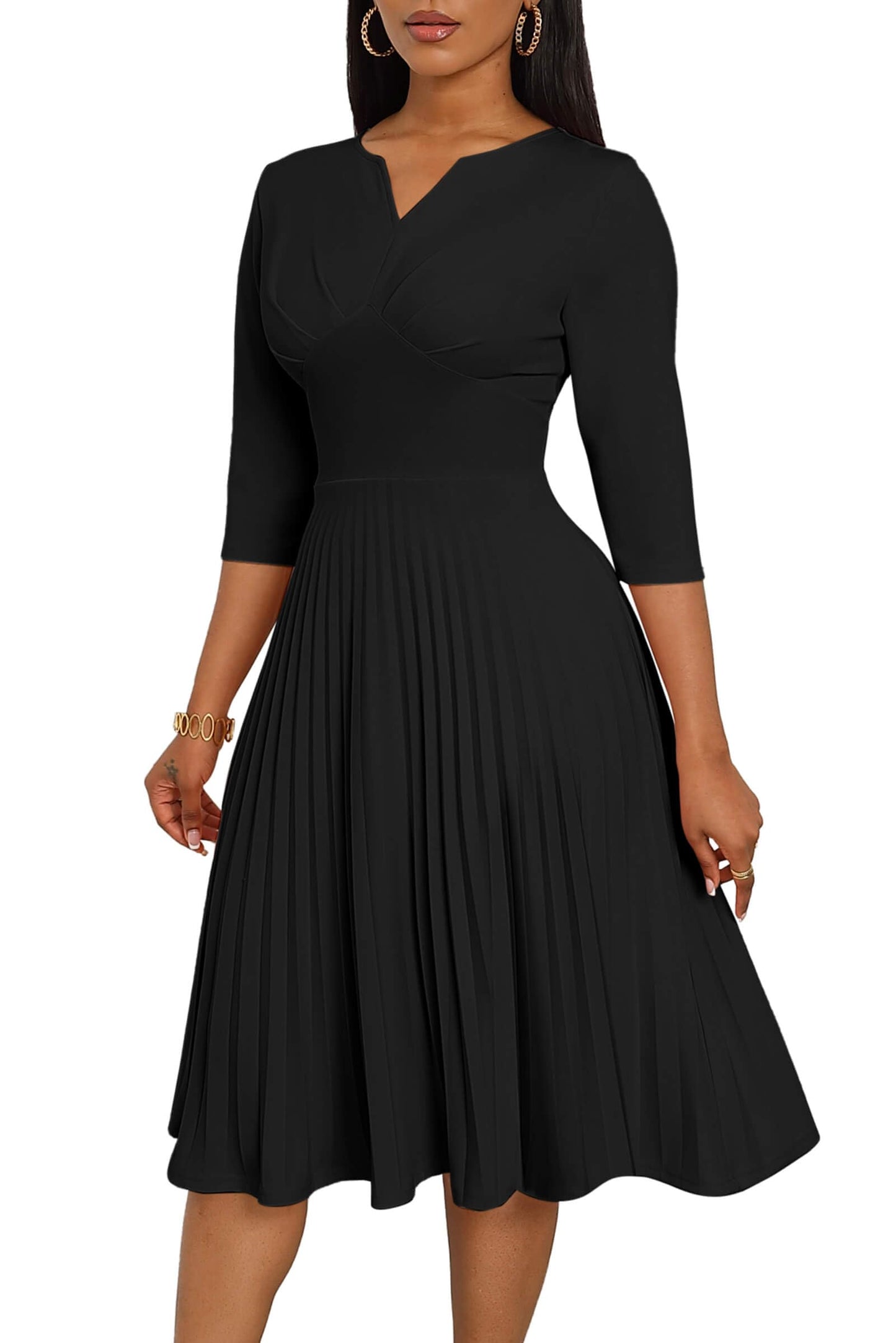 CLOCOR Midi Dresses for Women, 3/4 Sleeve A Line Pleated Casual Dress V Neck Church Cocktail Wedding Guest Dress