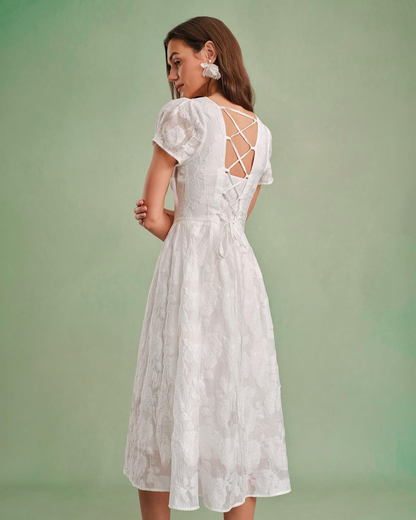 RIHOAS Elegant Casual Dresses for Women Short Sleeve Puff Square Neck A-Line Midi Dress