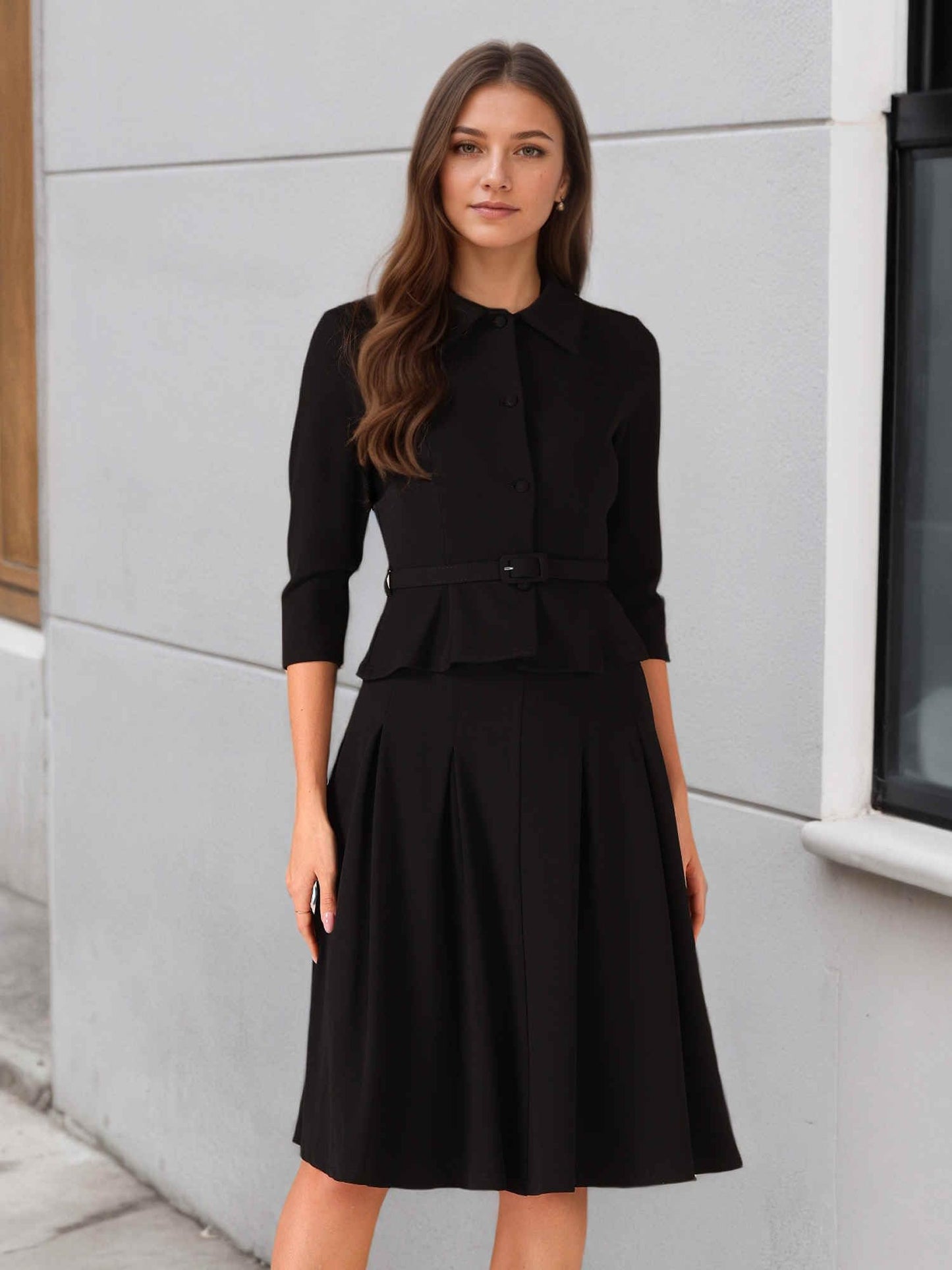 Allegra K Business Skirt Suit Sets for Women's 2 Piece Outfits Office 3/4 Sleeve Blazer Jacket Pleated Skirts