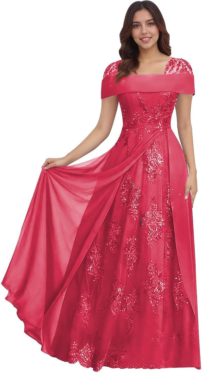 Lace Sequin Applique Mother of The Bride Dresses for Wedding Cap Sleeve A Line Long Wedding Guest Dresses for Women