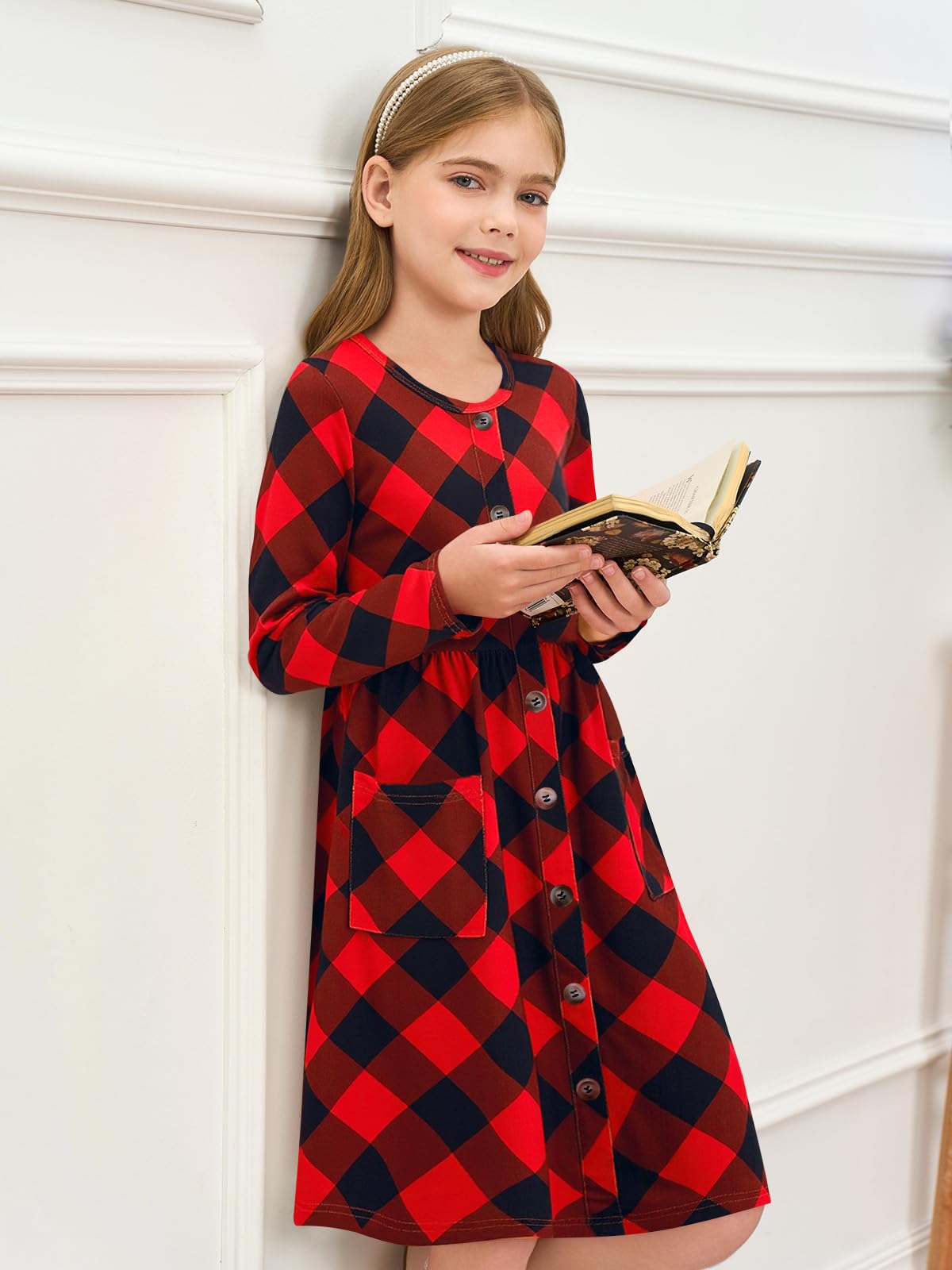 Girls Dresses Kids Button Down Midi Long Sleeve Casual A Line Dress with Pockets 4-14 Years