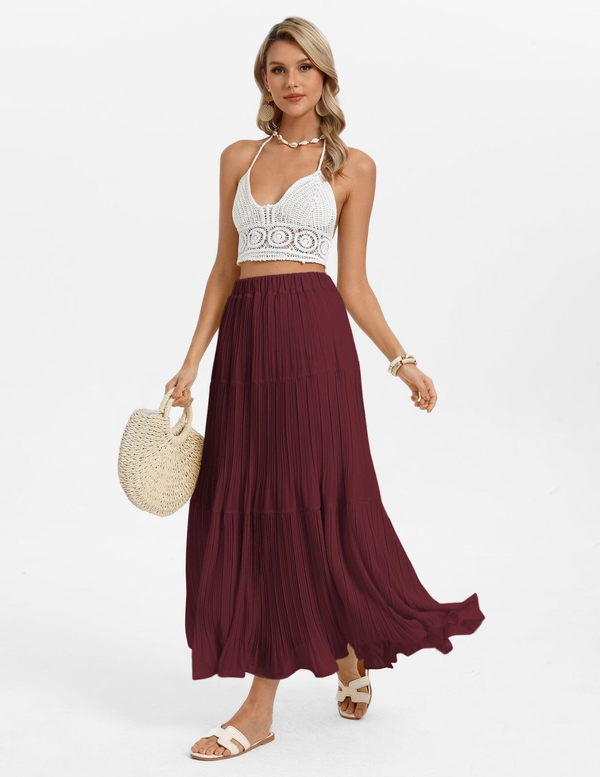Kate Kasin 2026 Women's Chiffon Maxi Skirt, High Waist Pleated Skirts, Summer Flowy Long Skirts with Underskirt