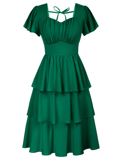 Belle Poque Women's Vintage Square Neck Dress 2026 Summer Short Sleeve Layered Tiered Ruffle A-line Swing Midi Dress