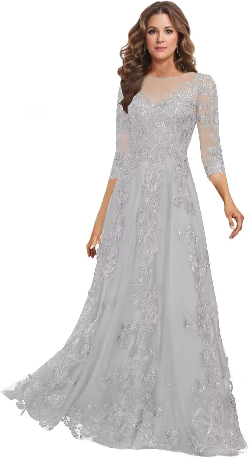 Lace Mother of the Bride Dress Long for Wedding Party Guest 3/4 Sleeves Formal Evening Gown JH028